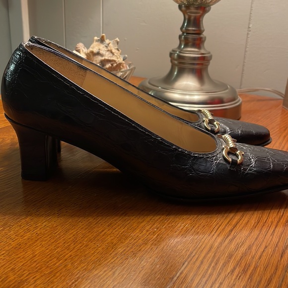 Salvatore Ferragamo Brown Alligator with Gold Accent Heel - Picture 7 of 10
